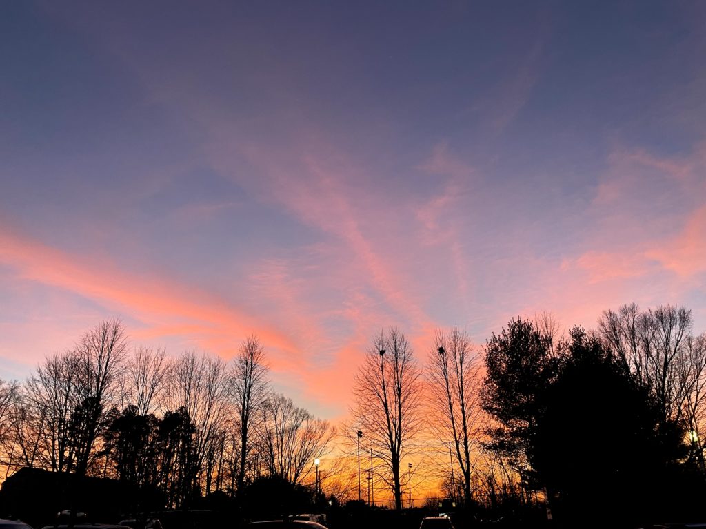 Pink and orange cirrus streaks fanning across a deep blue sky above bare winter trees at sunset in Annapolis, Maryland